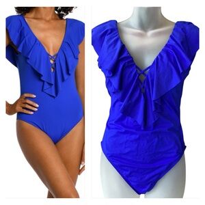 La Blanca Island Goddess Royal Blue Ruffle One Piece B12